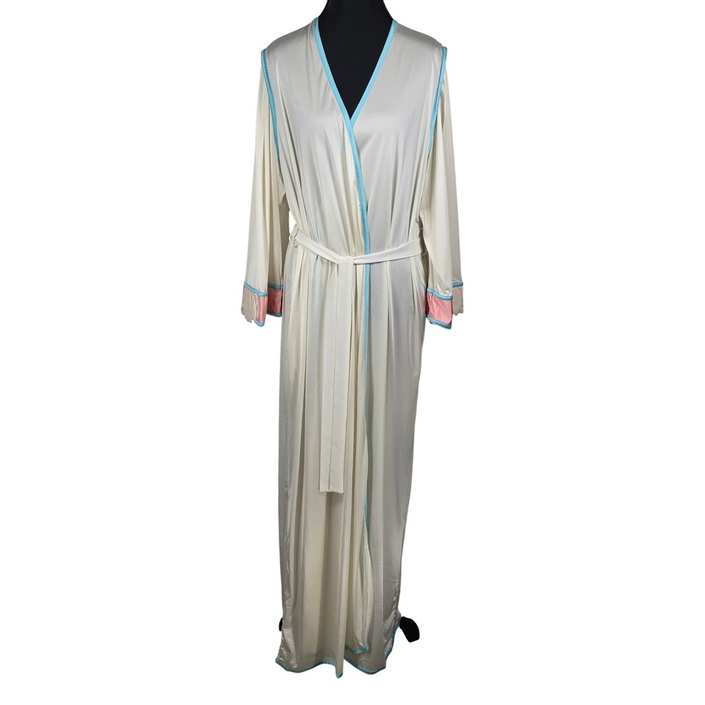 Vintage Bill Tice Cream Wrap Robe Turquoise Pink Applique Cuffs Maxi Woman Sz 10